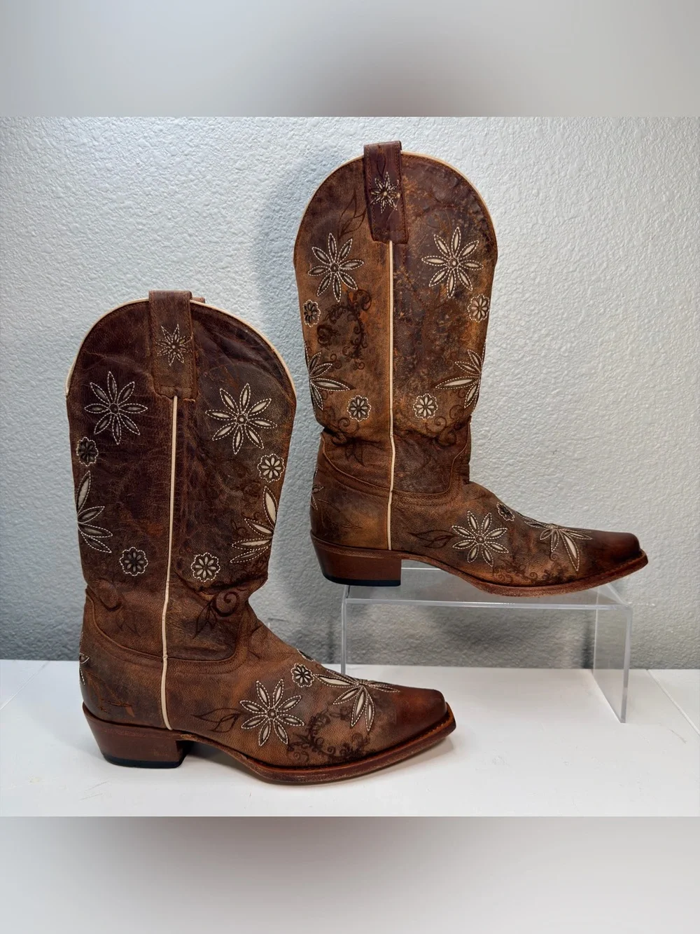 SHYANNE DAISY BROWN LEATHER FLORAL  COWGIRL BOOTS #BBW11 WOMEN SZ 6.5 B